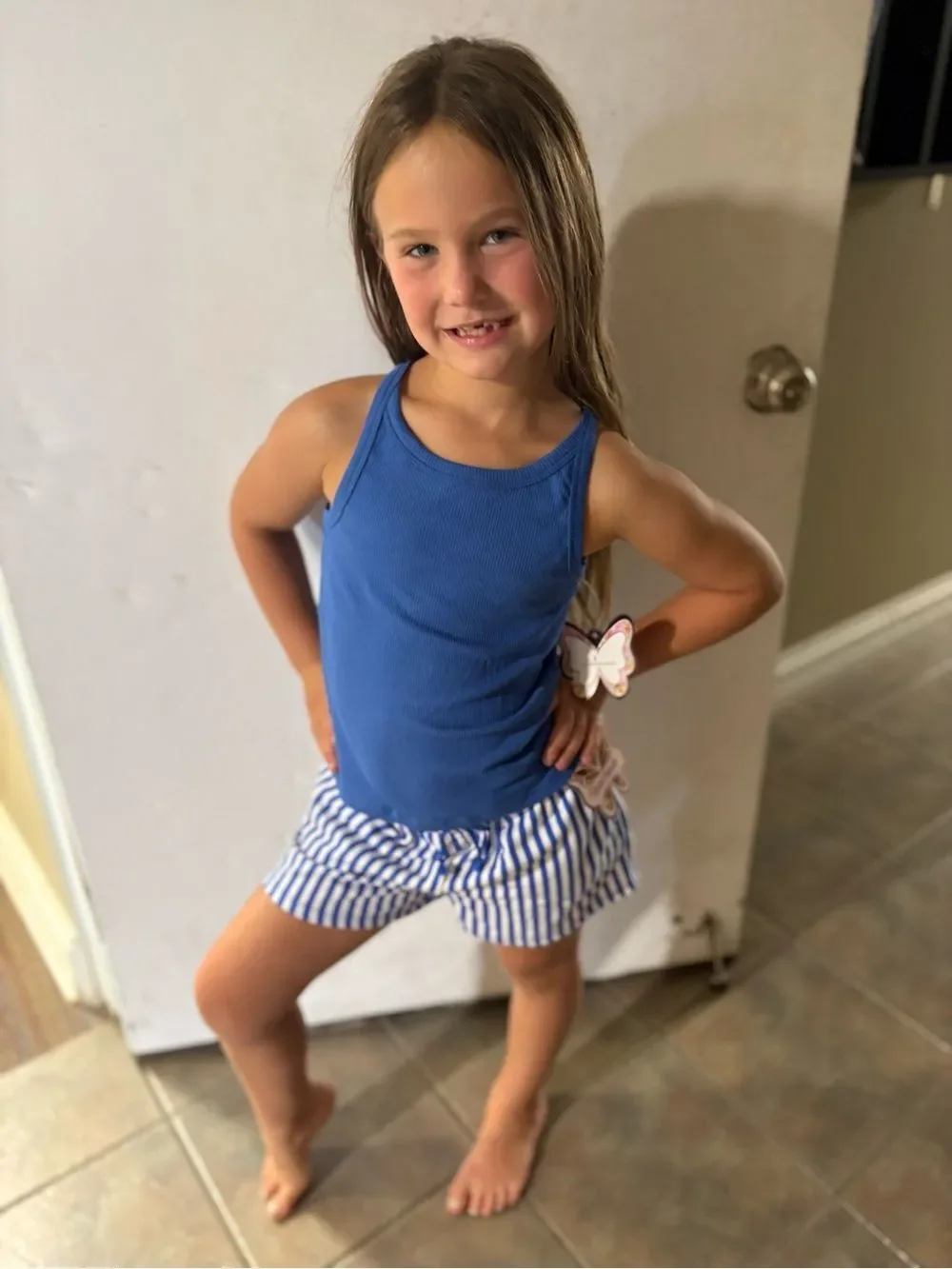Blue Ribbed Tank with Blue & White Striped Shorts Set